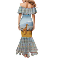 Tanzania Safari Giraffe Mermaid Dress with Tribal Patterns and Mount Kilimanjaro Scene