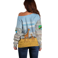 Tanzania Safari Giraffe Off Shoulder Sweater with Tribal Patterns and Mount Kilimanjaro Scene