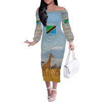 Tanzania Safari Giraffe Off The Shoulder Long Sleeve Dress with Tribal Patterns and Mount Kilimanjaro Scene