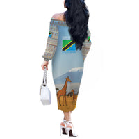Tanzania Safari Giraffe Off The Shoulder Long Sleeve Dress with Tribal Patterns and Mount Kilimanjaro Scene