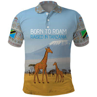 Tanzania Safari Giraffe Polo Shirt with Tribal Patterns and Mount Kilimanjaro Scene