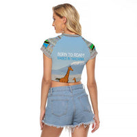 Tanzania Safari Giraffe Raglan Cropped T Shirt with Tribal Patterns and Mount Kilimanjaro Scene