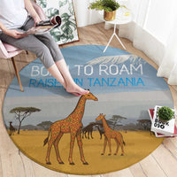 Tanzania Safari Giraffe Round Carpet with Tribal Patterns and Mount Kilimanjaro Scene