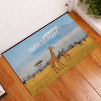 Tanzania Safari Giraffe Rubber Doormat with Tribal Patterns and Mount Kilimanjaro Scene
