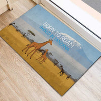 Tanzania Safari Giraffe Rubber Doormat with Tribal Patterns and Mount Kilimanjaro Scene