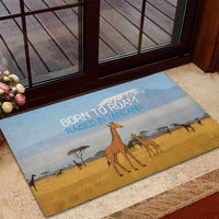 Tanzania Safari Giraffe Rubber Doormat with Tribal Patterns and Mount Kilimanjaro Scene