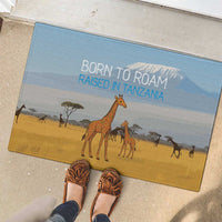 Tanzania Safari Giraffe Rubber Doormat with Tribal Patterns and Mount Kilimanjaro Scene