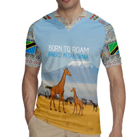 Tanzania Safari Giraffe Rugby Jersey with Tribal Patterns and Mount Kilimanjaro Scene