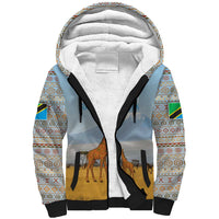 Tanzania Safari Giraffe Sherpa Hoodie with Tribal Patterns and Mount Kilimanjaro Scene