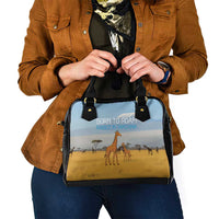 Tanzania Safari Giraffe Shoulder Handbag with Tribal Patterns and Mount Kilimanjaro Scene