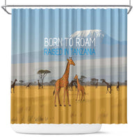 Tanzania Safari Giraffe Shower Curtain with Tribal Patterns and Mount Kilimanjaro Scene