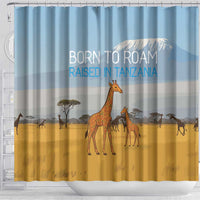 Tanzania Safari Giraffe Shower Curtain with Tribal Patterns and Mount Kilimanjaro Scene