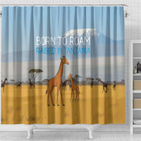 Tanzania Safari Giraffe Shower Curtain with Tribal Patterns and Mount Kilimanjaro Scene