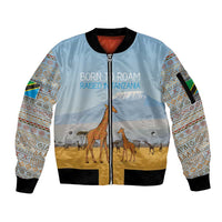 Tanzania Safari Giraffe Sleeve Zip Bomber Jacket with Tribal Patterns and Mount Kilimanjaro Scene