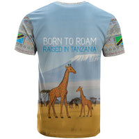 Tanzania Safari Giraffe T Shirt with Tribal Patterns and Mount Kilimanjaro Scene
