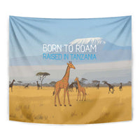 Tanzania Safari Giraffe Tapestry with Tribal Patterns and Mount Kilimanjaro Scene