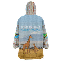 Tanzania Safari Giraffe Wearable Blanket Hoodie with Tribal Patterns and Mount Kilimanjaro Scene