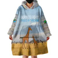 Tanzania Safari Giraffe Wearable Blanket Hoodie with Tribal Patterns and Mount Kilimanjaro Scene
