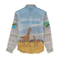 Tanzania Safari Giraffe Women Casual Shirt with Tribal Patterns and Mount Kilimanjaro Scene