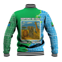 Tanzania Wildlife Baseball Jacket with Tribal Print and Mount Kilimanjaro Safari Scene