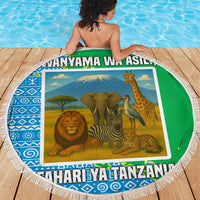 Tanzania Wildlife Beach Blanket with Tribal Print and Mount Kilimanjaro Safari Scene
