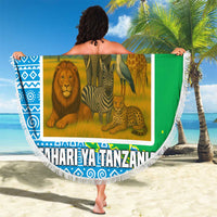 Tanzania Wildlife Beach Blanket with Tribal Print and Mount Kilimanjaro Safari Scene