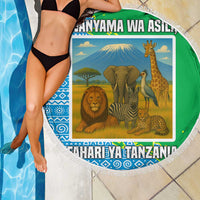 Tanzania Wildlife Beach Blanket with Tribal Print and Mount Kilimanjaro Safari Scene