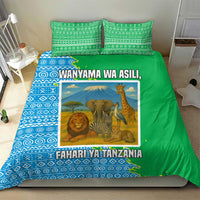 Tanzania Wildlife Bedding Set with Tribal Print and Mount Kilimanjaro Safari Scene