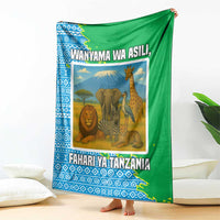 Tanzania Wildlife Blanket with Tribal Print and Mount Kilimanjaro Safari Scene