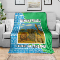 Tanzania Wildlife Blanket with Tribal Print and Mount Kilimanjaro Safari Scene