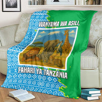 Tanzania Wildlife Blanket with Tribal Print and Mount Kilimanjaro Safari Scene