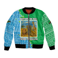 Tanzania Wildlife Bomber Jacket with Tribal Print and Mount Kilimanjaro Safari Scene