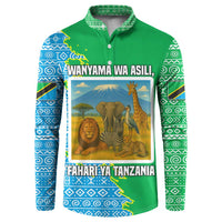 Tanzania Wildlife Button Sweatshirt with Tribal Print and Mount Kilimanjaro Safari Scene