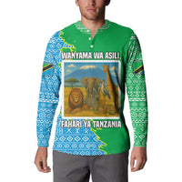 Tanzania Wildlife Button Sweatshirt with Tribal Print and Mount Kilimanjaro Safari Scene