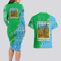 Tanzania Wildlife Couples Matching Long Sleeve Bodycon Dress and Hawaiian Shirt with Tribal Print and Mount Kilimanjaro Safari Scene