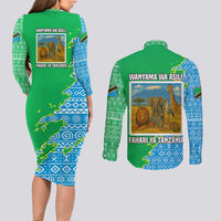 Tanzania Wildlife Couples Matching Long Sleeve Bodycon Dress and Long Sleeve Button Shirt with Tribal Print and Mount Kilimanjaro Safari Scene