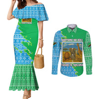 Tanzania Wildlife Couples Matching Mermaid Dress and Long Sleeve Button Shirt with Tribal Print and Mount Kilimanjaro Safari Scene