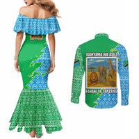 Tanzania Wildlife Couples Matching Mermaid Dress and Long Sleeve Button Shirt with Tribal Print and Mount Kilimanjaro Safari Scene