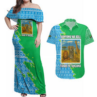 Tanzania Wildlife Couples Matching Off Shoulder Maxi Dress and Hawaiian Shirt with Tribal Print and Mount Kilimanjaro Safari Scene