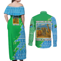 Tanzania Wildlife Couples Matching Off Shoulder Maxi Dress and Long Sleeve Button Shirt with Tribal Print and Mount Kilimanjaro Safari Scene