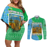 Tanzania Wildlife Couples Matching Off Shoulder Short Dress and Long Sleeve Button Shirt with Tribal Print and Mount Kilimanjaro Safari Scene