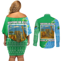 Tanzania Wildlife Couples Matching Off Shoulder Short Dress and Long Sleeve Button Shirt with Tribal Print and Mount Kilimanjaro Safari Scene