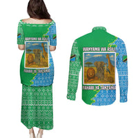 Tanzania Wildlife Couples Matching Puletasi and Long Sleeve Button Shirt with Tribal Print and Mount Kilimanjaro Safari Scene
