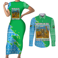 Tanzania Wildlife Couples Matching Short Sleeve Bodycon Dress and Long Sleeve Button Shirt with Tribal Print and Mount Kilimanjaro Safari Scene