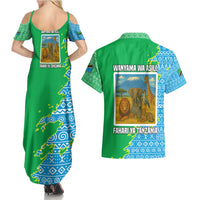 Tanzania Wildlife Couples Matching Summer Maxi Dress and Hawaiian Shirt with Tribal Print and Mount Kilimanjaro Safari Scene