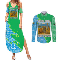 Tanzania Wildlife Couples Matching Summer Maxi Dress and Long Sleeve Button Shirt with Tribal Print and Mount Kilimanjaro Safari Scene