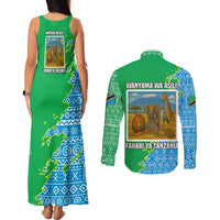 Tanzania Wildlife Couples Matching Tank Maxi Dress and Long Sleeve Button Shirt with Tribal Print and Mount Kilimanjaro Safari Scene