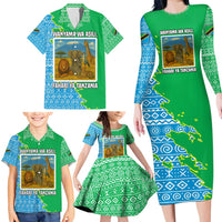 Tanzania Wildlife Family Matching Long Sleeve Bodycon Dress and Hawaiian Shirt with Tribal Print and Mount Kilimanjaro Safari Scene
