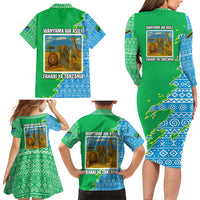 Tanzania Wildlife Family Matching Long Sleeve Bodycon Dress and Hawaiian Shirt with Tribal Print and Mount Kilimanjaro Safari Scene