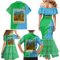 Tanzania Wildlife Family Matching Mermaid Dress and Hawaiian Shirt with Tribal Print and Mount Kilimanjaro Safari Scene